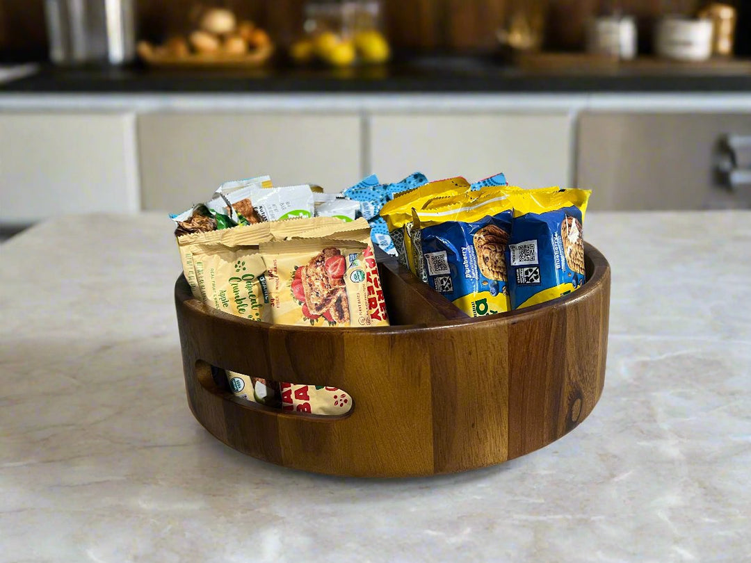 Acacia wood rotating lazy Susan divided tray with multiple sections for snacks.