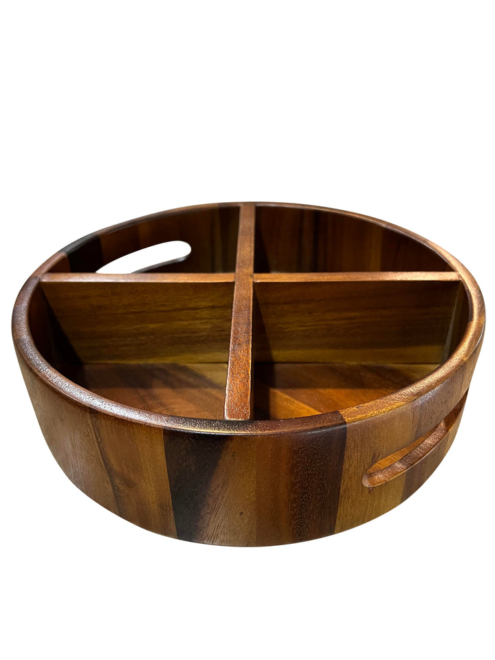 Acacia wood rotating lazy Susan divided tray, round with multiple serving compartments.