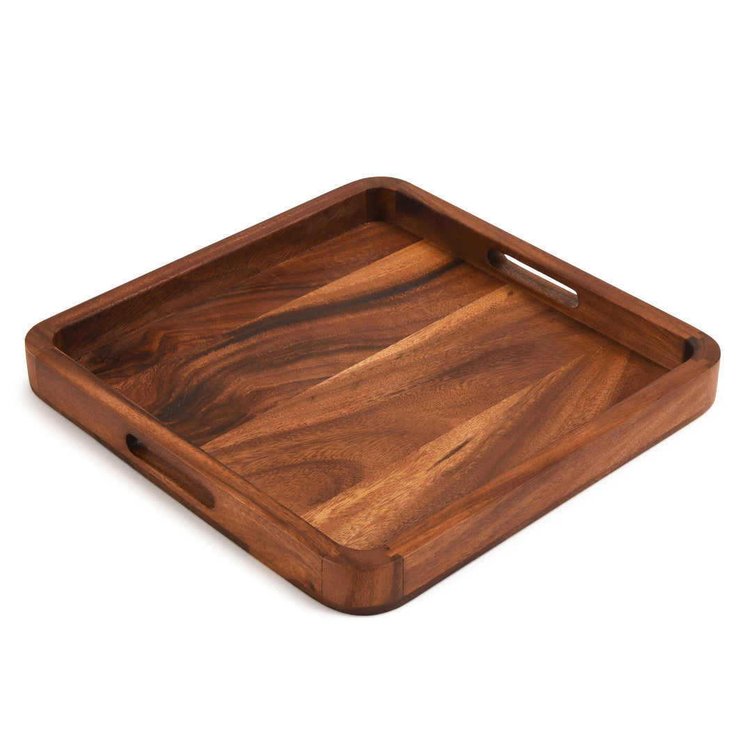 Square acacia wood serving tray, 15 inches, with raised sides for serving.