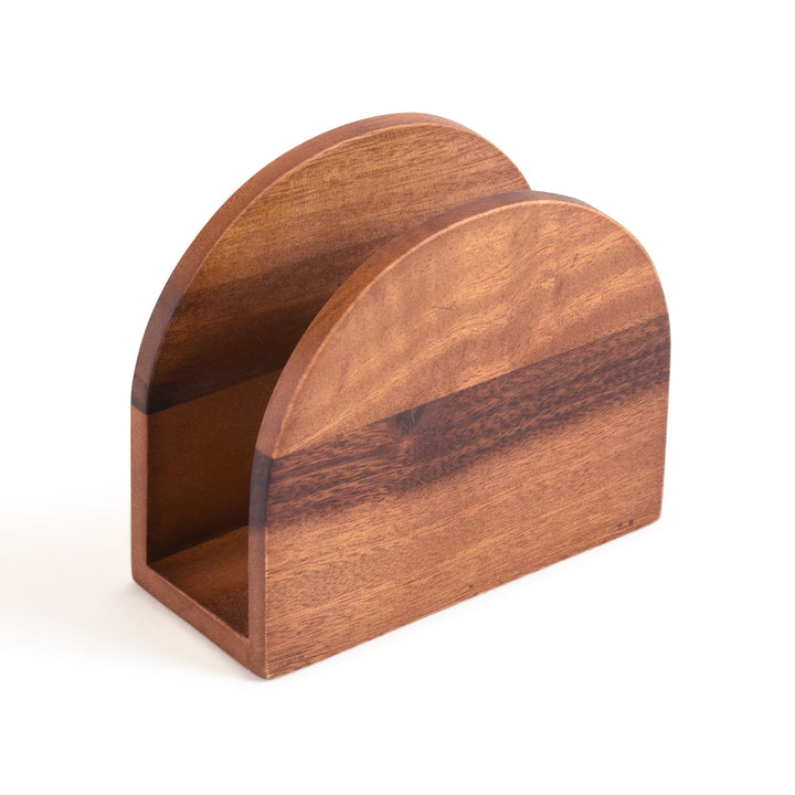 Acacia wood vertical napkin holder for countertop organization.
