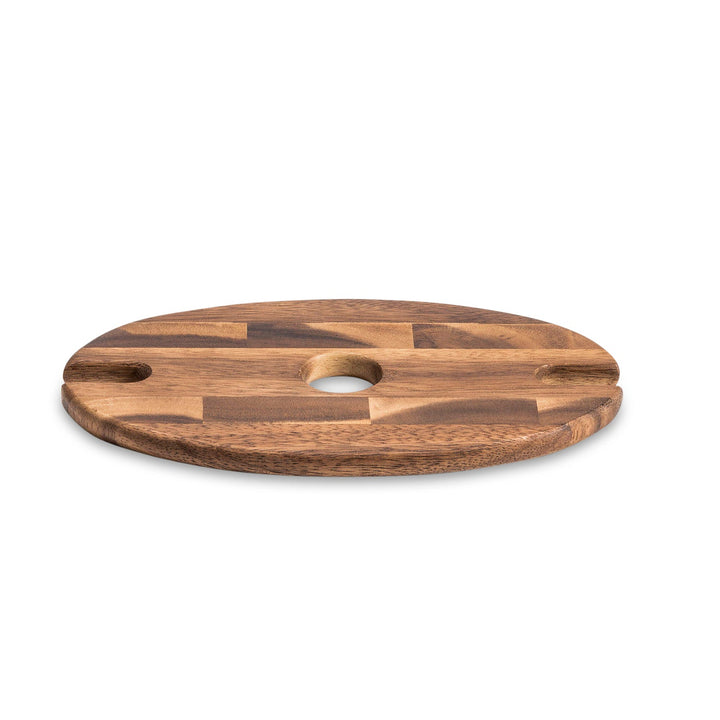 Acacia wood wine glass caddy holding two wine glasses, handcrafted design.