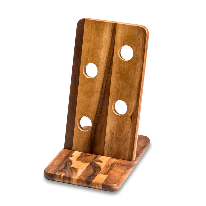Wall-mounted acacia wood floating wine holder for four bottles.