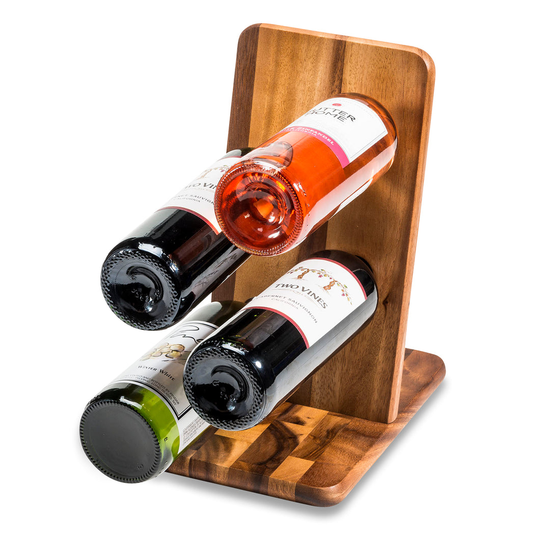 Acacia wood wall-mounted wine holder displaying four bottles.