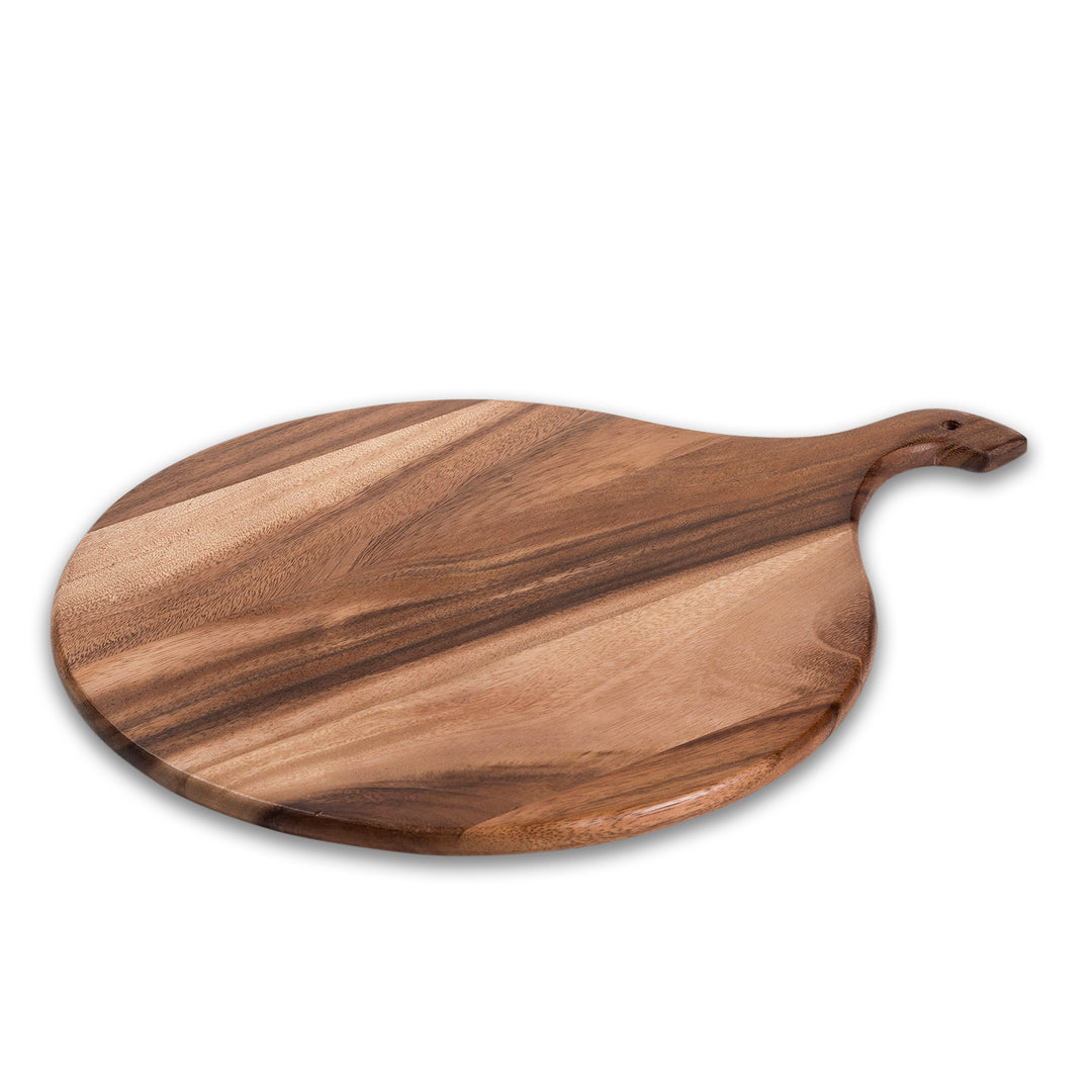 Round acacia wood cutting and charcuterie board with a smooth surface and natural grain.