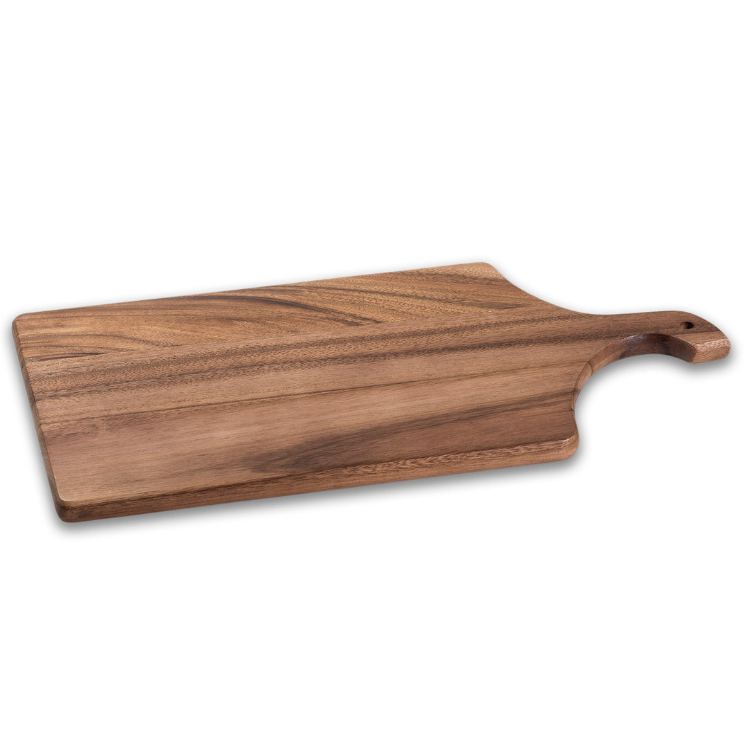 Long acacia wood charcuterie and grazing board with a smooth serving surface.