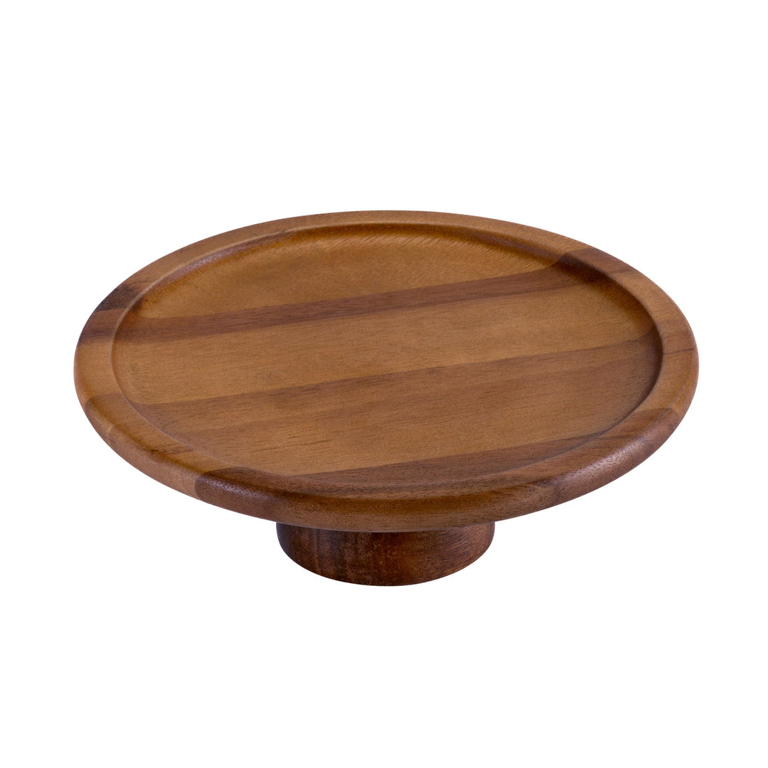 Large acacia wood cake stand with a natural finish for serving desserts.