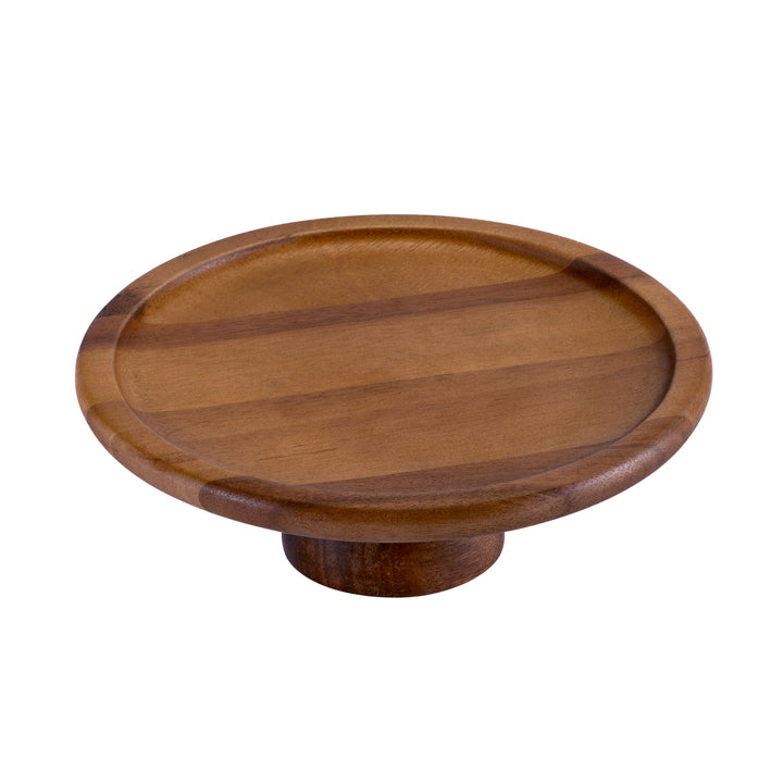 Large acacia wood cake stand with a natural finish for serving desserts.