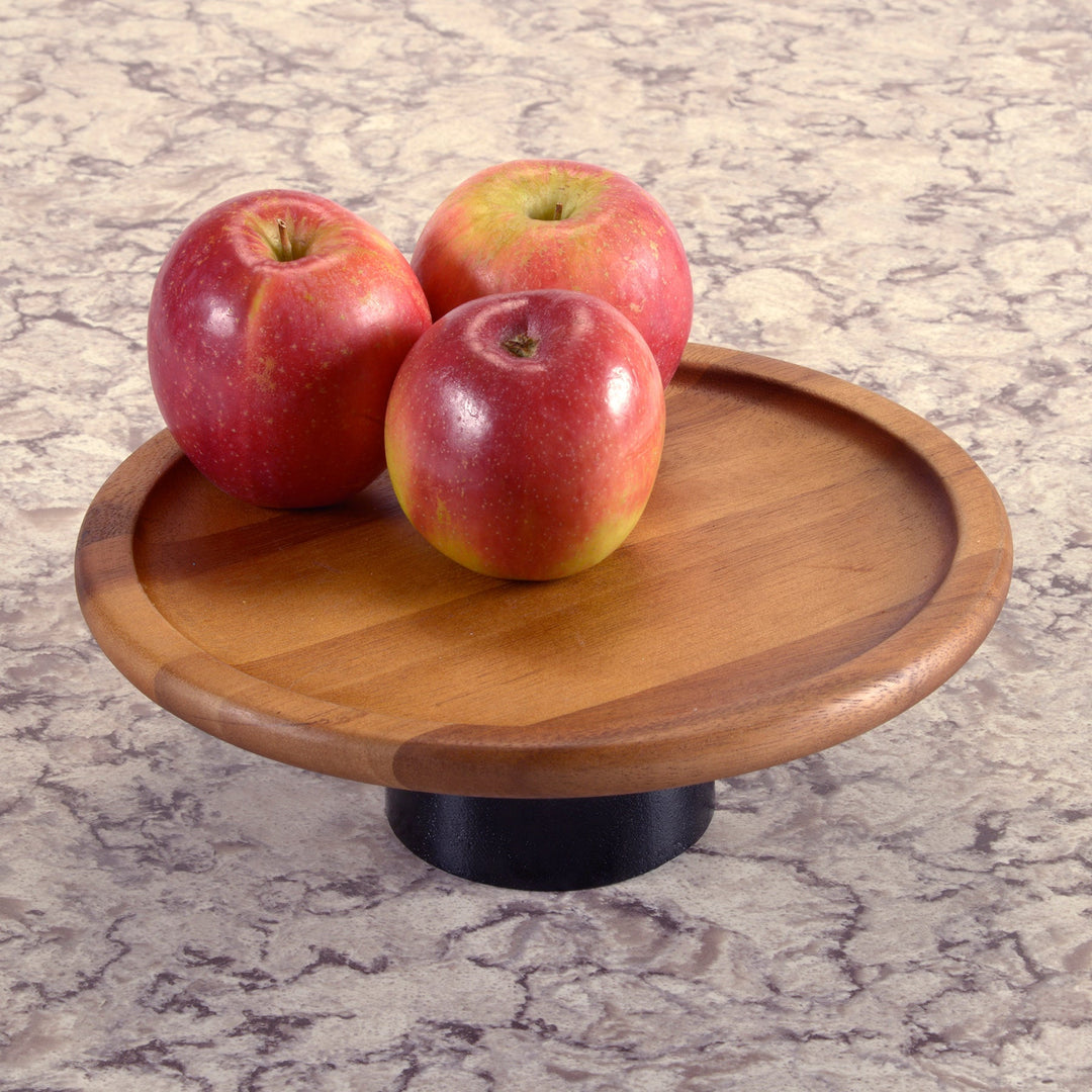 Large acacia wood cake stand with a sturdy base and elegant design.