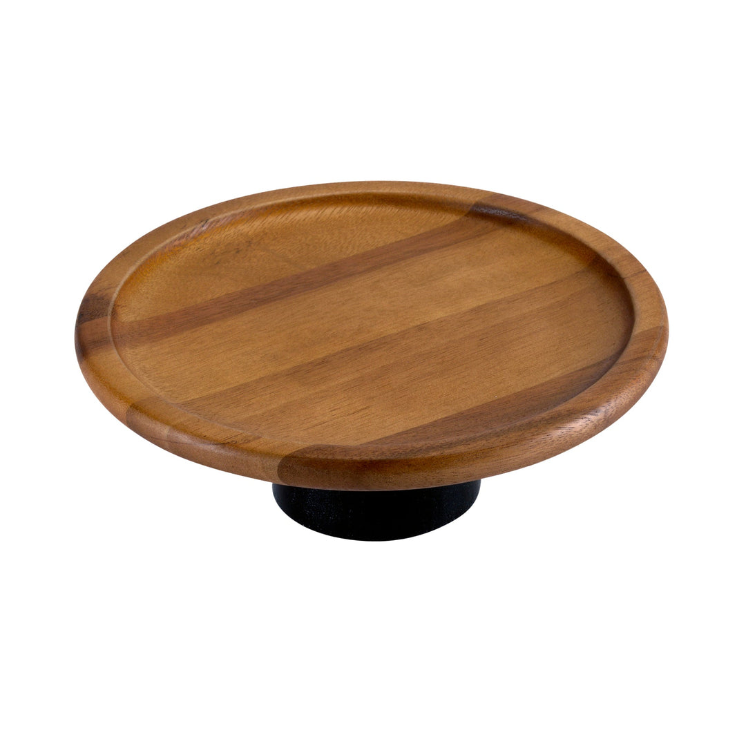 Large acacia wood cake stand with a sturdy round base and natural finish.