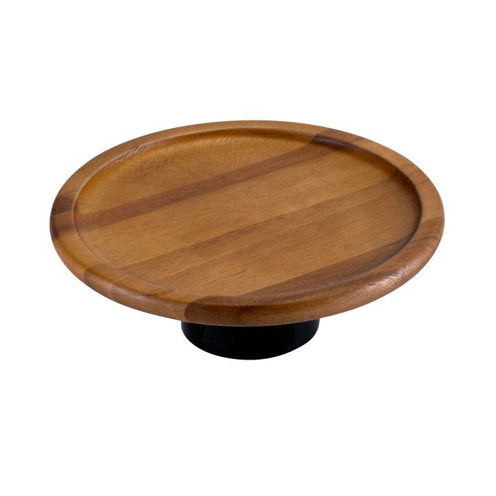 Large acacia wood cake stand with a sturdy round base and natural finish.