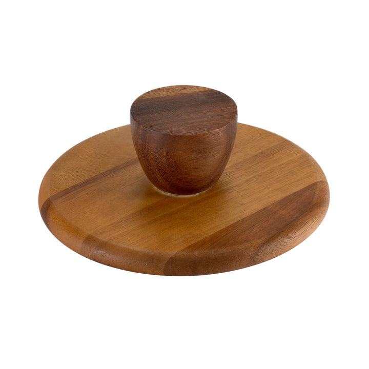 Large acacia wood cake stand with a sturdy base for serving desserts.
