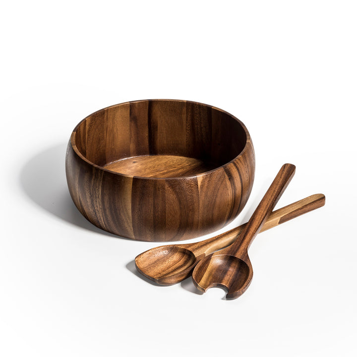 Large Dragor acacia wood salad bowl with two matching servers.