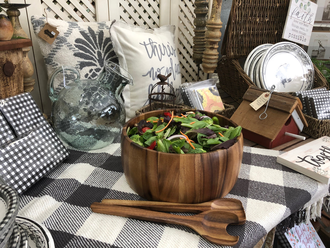 Large Dragor acacia wood salad bowl with matching servers, smooth natural finish.