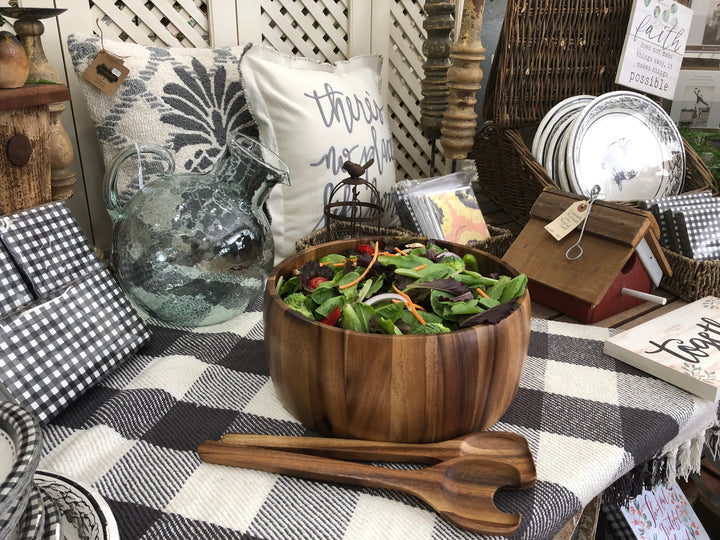Large Dragor acacia wood salad bowl with matching servers, smooth natural finish.