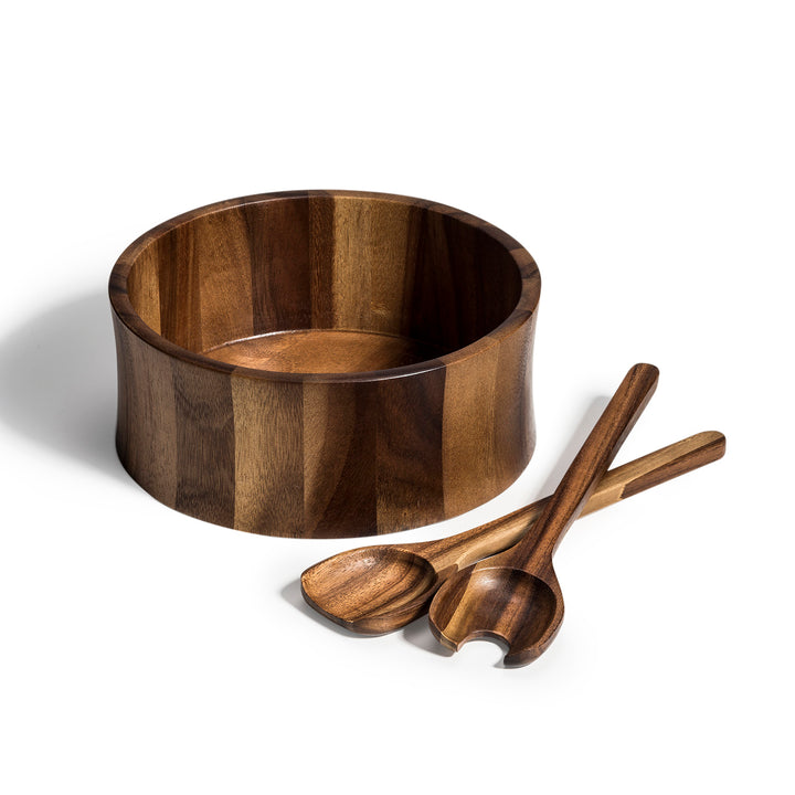 Large Maribo acacia wood salad bowl with matching servers, straight-sided form.