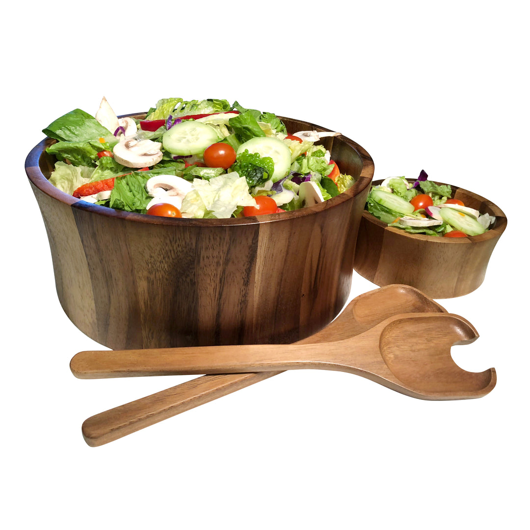 Large Maribo acacia wood salad bowl with matching servers for family meals.