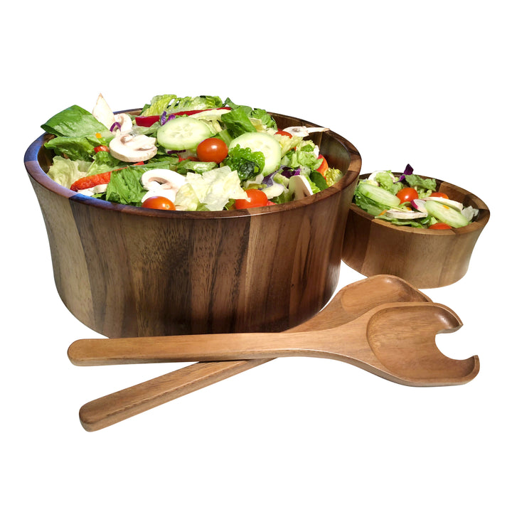 Large Maribo acacia wood salad bowl with matching servers for family meals.