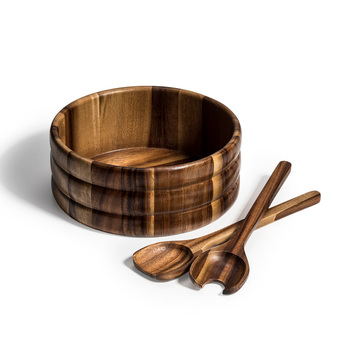 Large Skagen acacia wood salad bowl with two matching servers.