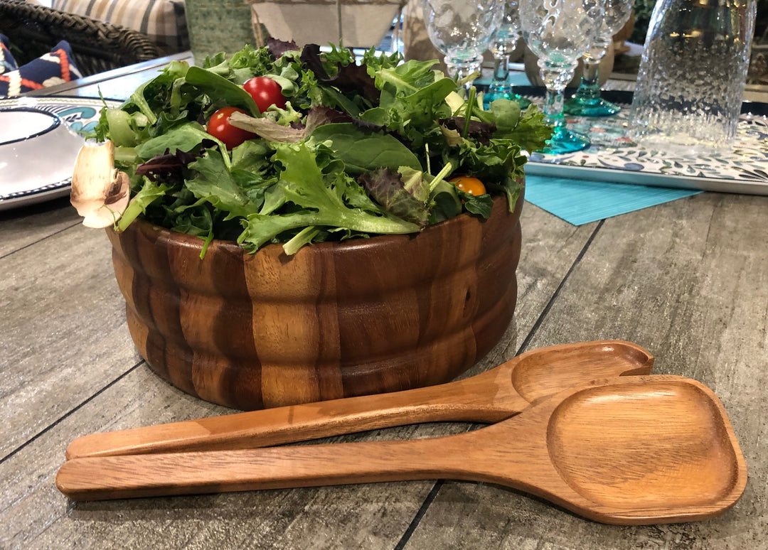 Large Skagen acacia wood salad bowl with matching servers in a natural finish.