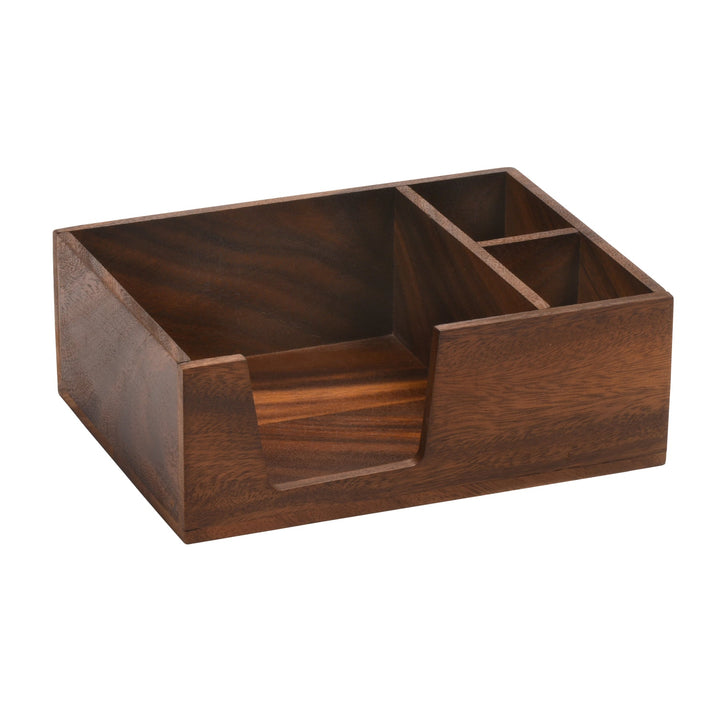 Acacia wood flatware and napkin caddy with two compartments for table setting.