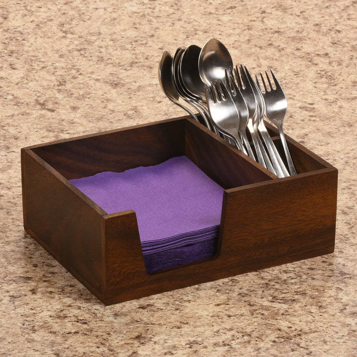 Acacia wood flatware and napkin caddy with compartments for utensils and napkins.