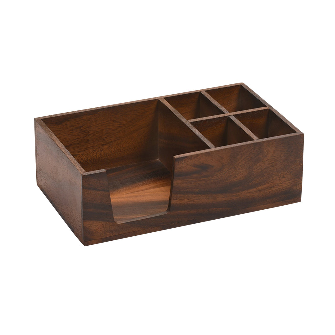 Acacia wood flatware and napkin caddy with two compartments, handcrafted.