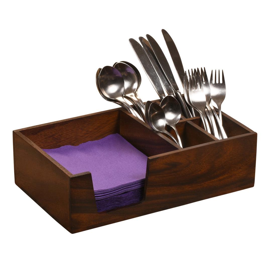 Acacia wood flatware and napkin caddy with two compartments for tableware.
