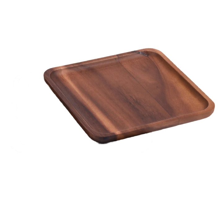 Two acacia wood square plates with natural grain in a modern table setting.