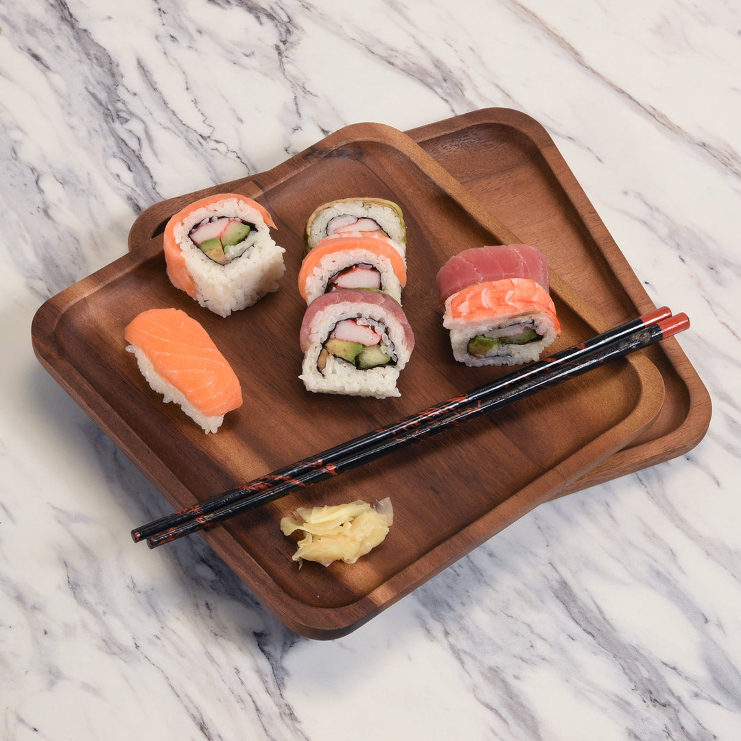 Set of two acacia wood square plates, ideal for salads, appetizers, or snacks.