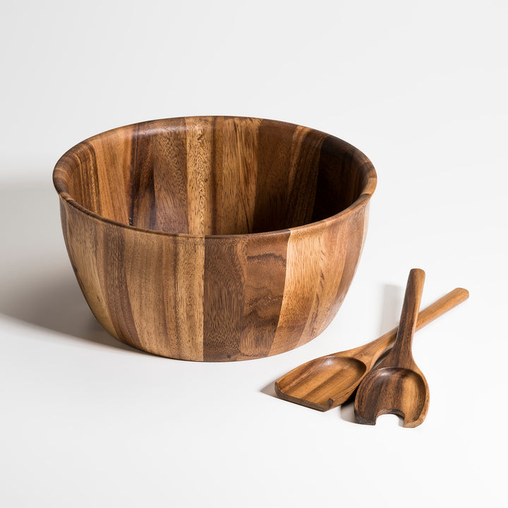 Extra-large Soro acacia wood salad bowl with two matching servers.