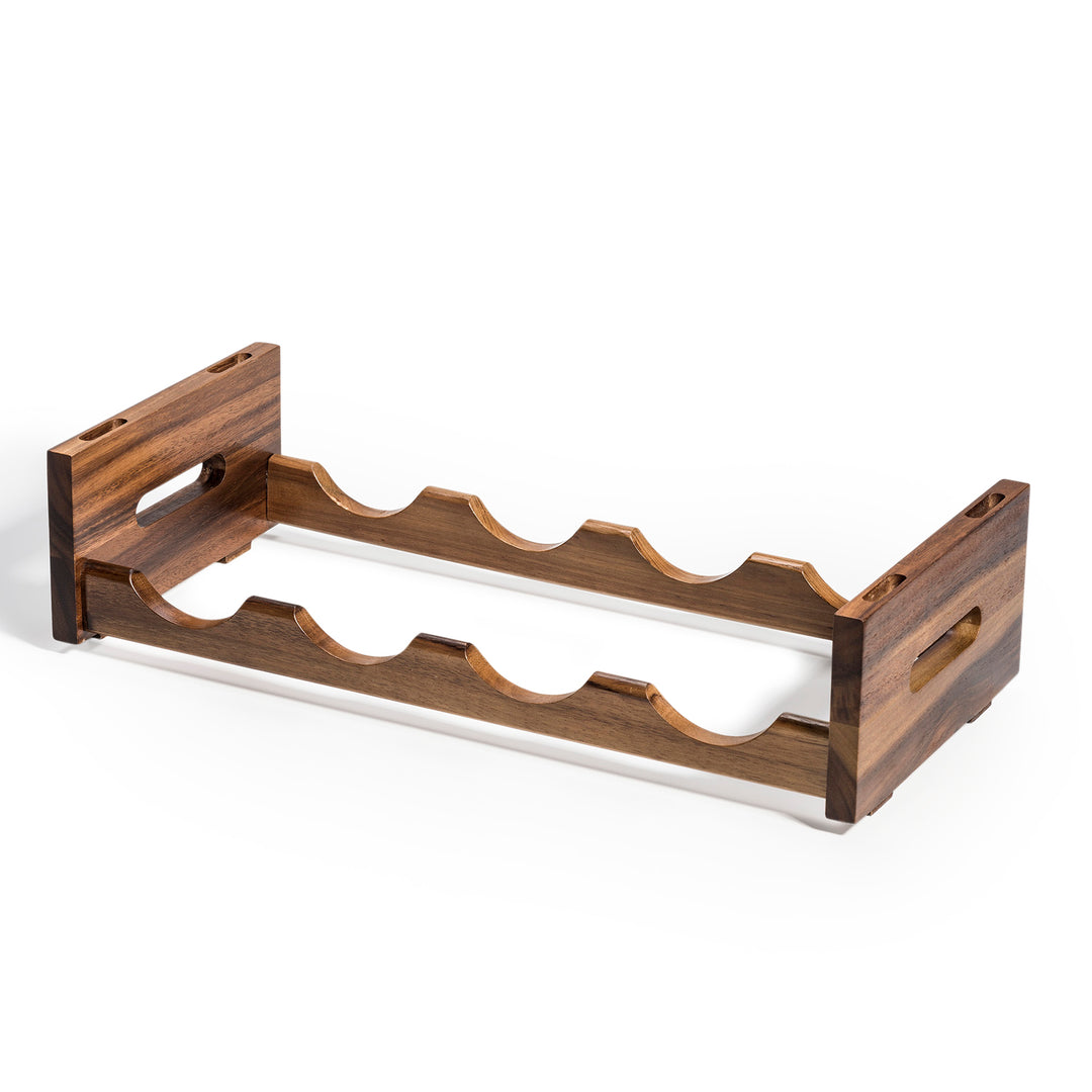 Acacia wood stackable wine rack holding four bottles.