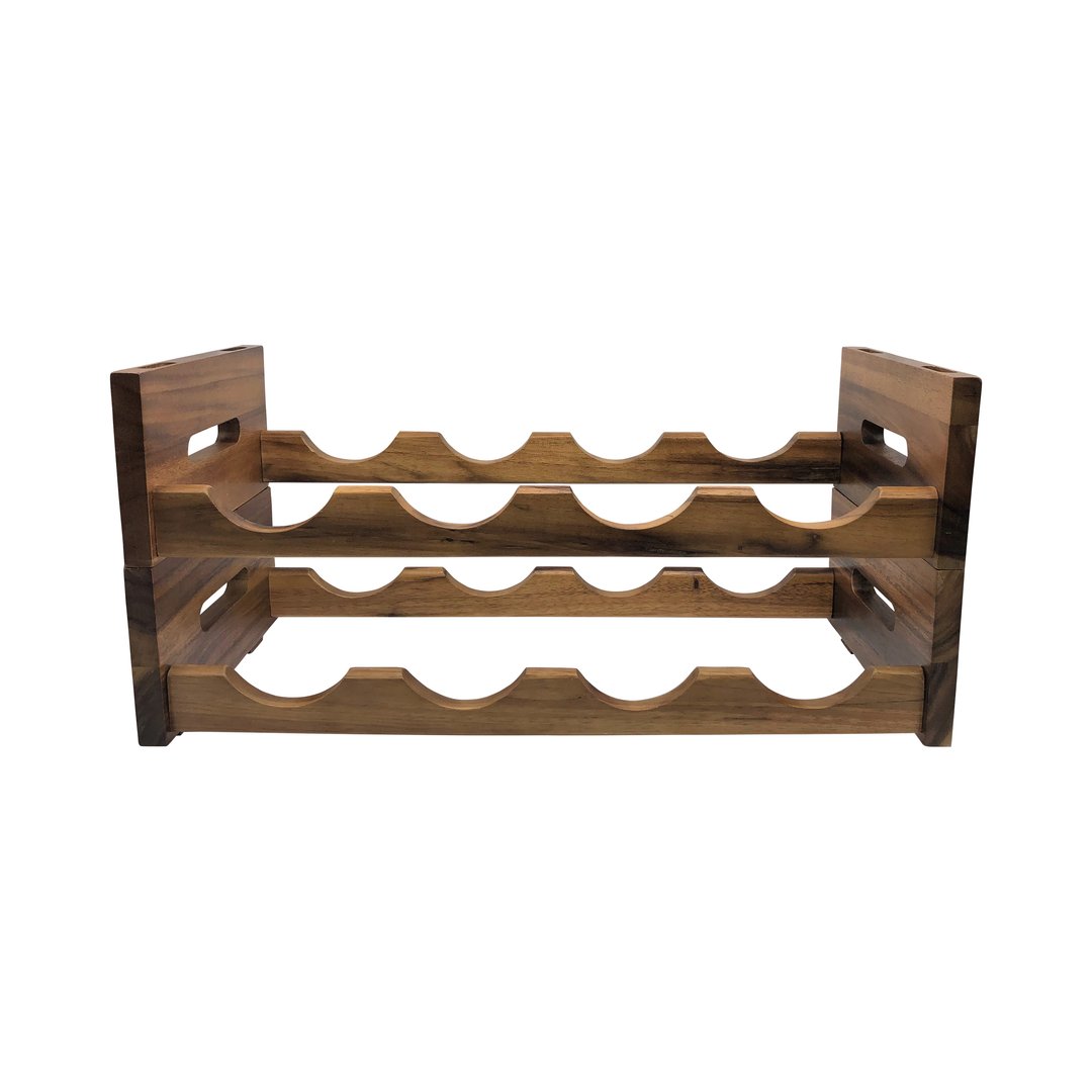 Acacia wood stackable four-bottle wine rack with a natural finish.
