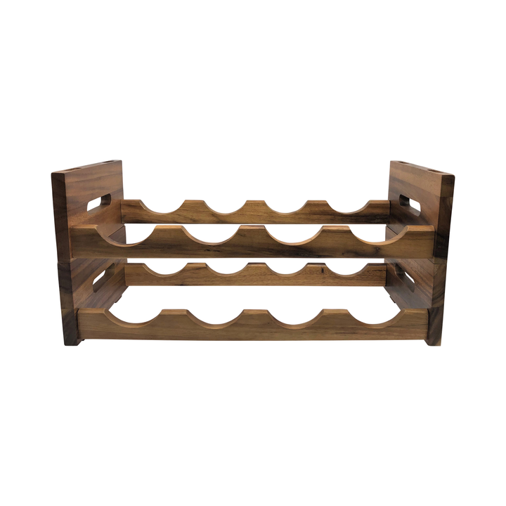 Acacia wood stackable four-bottle wine rack with a natural finish.