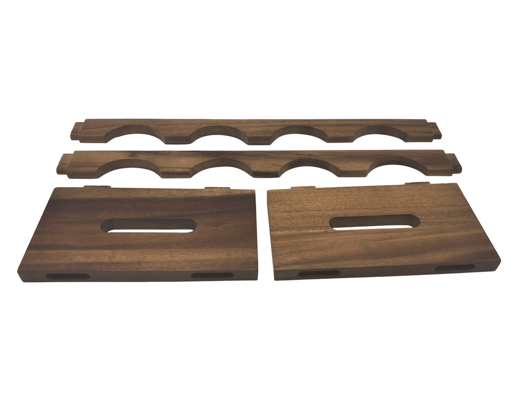 Acacia wood stackable four-bottle wine rack with a sleek natural finish.