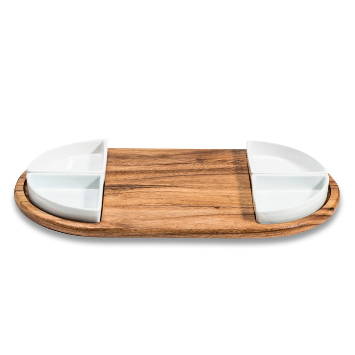 Acacia charcuterie board with four triangular ceramic bowls for serving cheese and snacks.