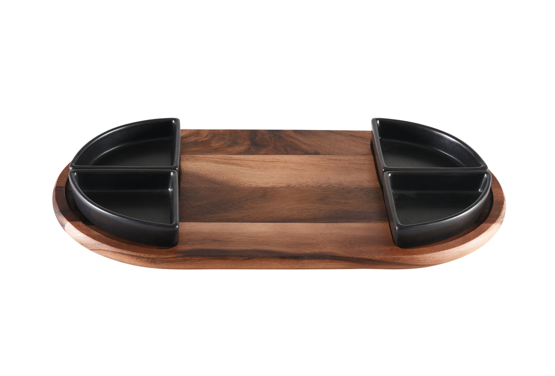 Acacia charcuterie board with four triangular ceramic bowls for cheeses, meats, and snacks.