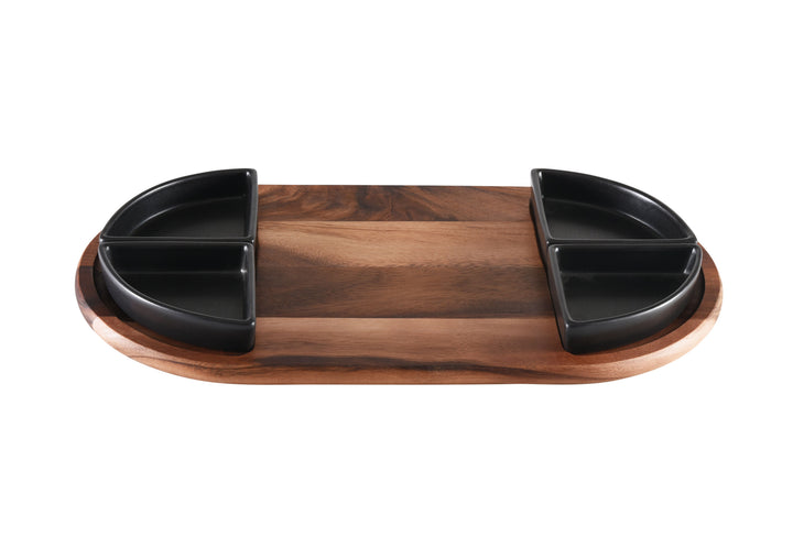 Acacia charcuterie board with four triangular ceramic bowls for cheeses, meats, and snacks.
