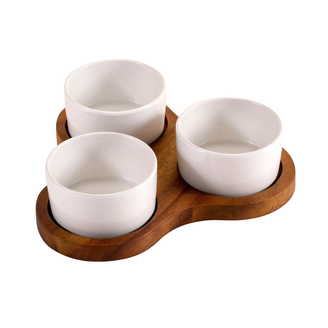 Triangular acacia server with three ceramic bowls for snacks and appetizers.
