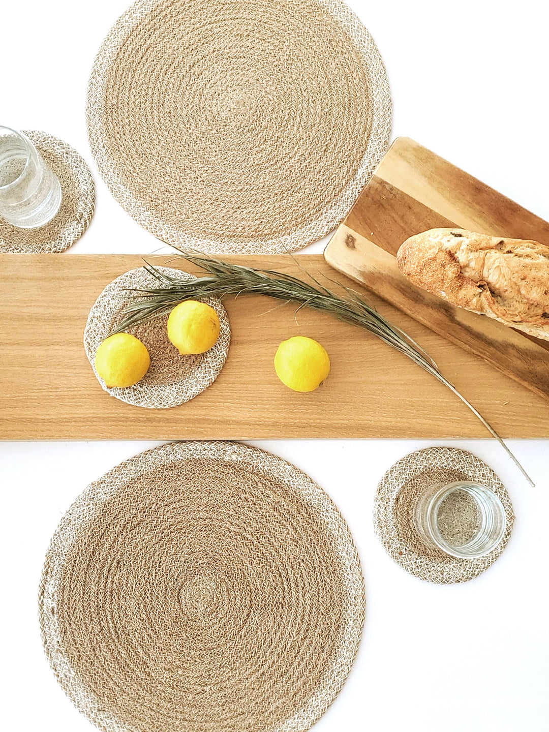 Braided jute coaster-trivets for everyday table protection