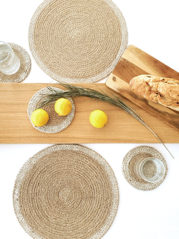 Braided jute coaster-trivets for everyday table protection