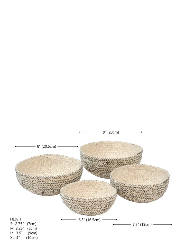 Jute nesting bowls in graduated sizes with black zigzag stitching, set of 4