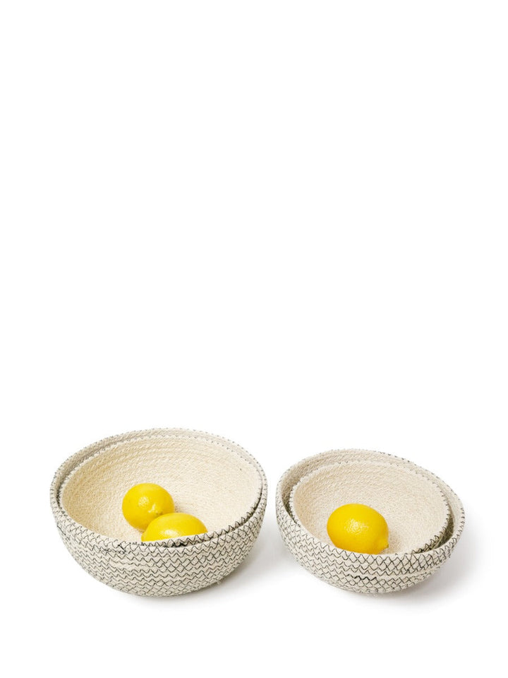 Set of 4 round jute bowls with horizontal black stitch detail, hand-braided
