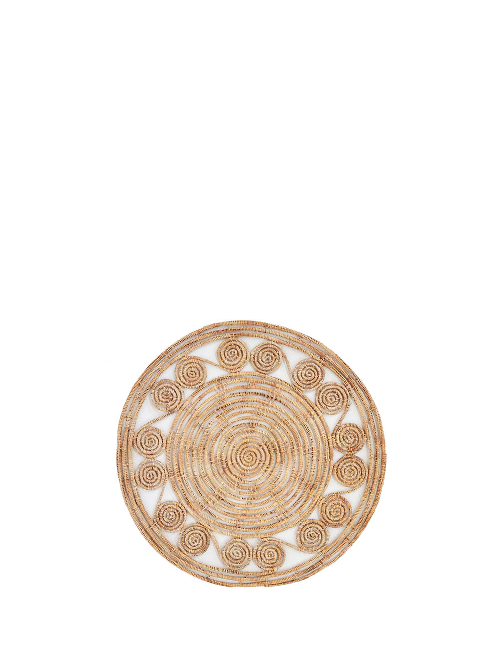 Medallion-bordered palm fiber placemats with concentric ring center, set of 2