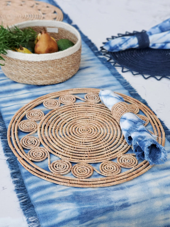 Medallion-detail palm fiber placemats handwoven in natural straw, set of 2