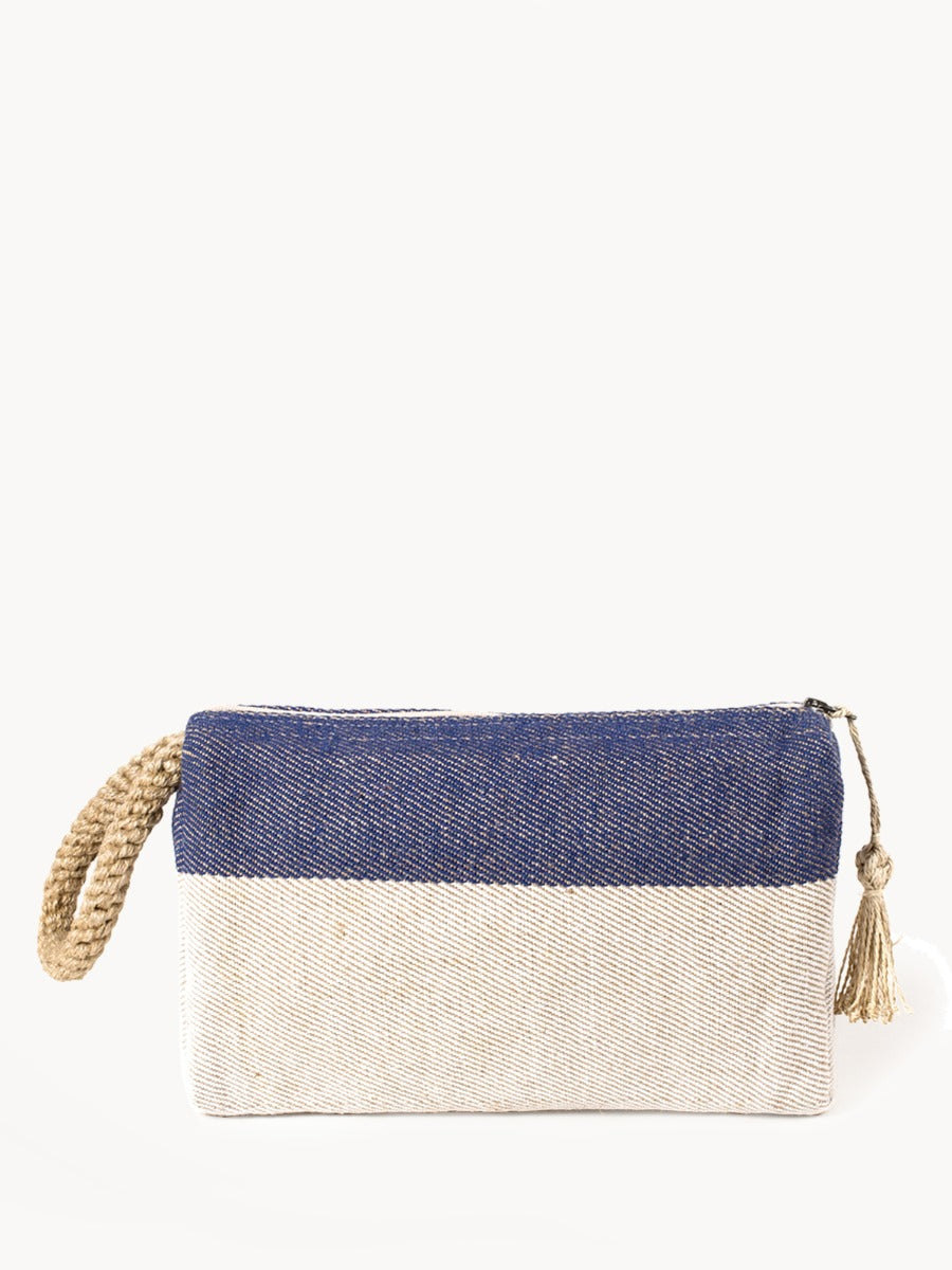 Color-block jute-cotton clutch in blue with oversize macrame accent handle