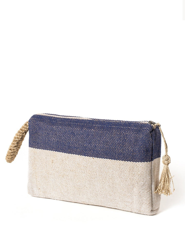Handwoven jute-cotton clutch bag in blue with color-block design and macrame accent handle