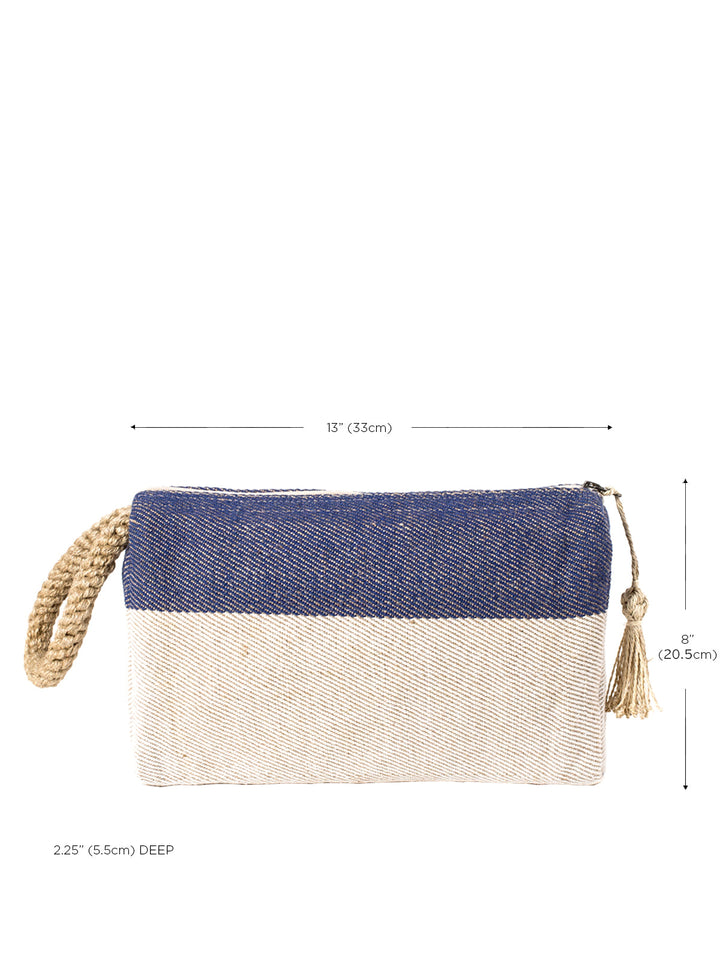 Blue and natural handwoven jute-cotton clutch with top zipper closure