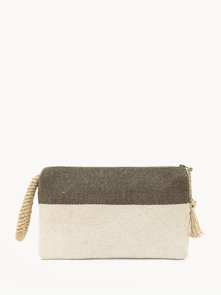 Color-block jute-cotton clutch in brown with handwoven texture