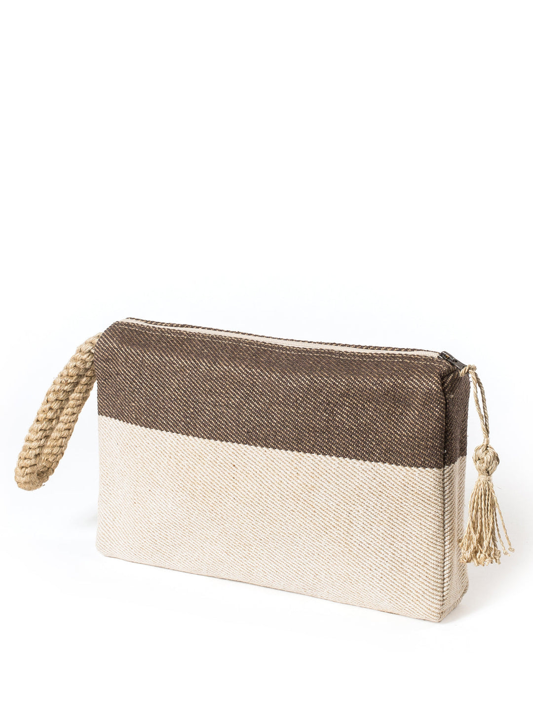 Handwoven jute-cotton clutch bag in brown with color-block design and macrame accent handle