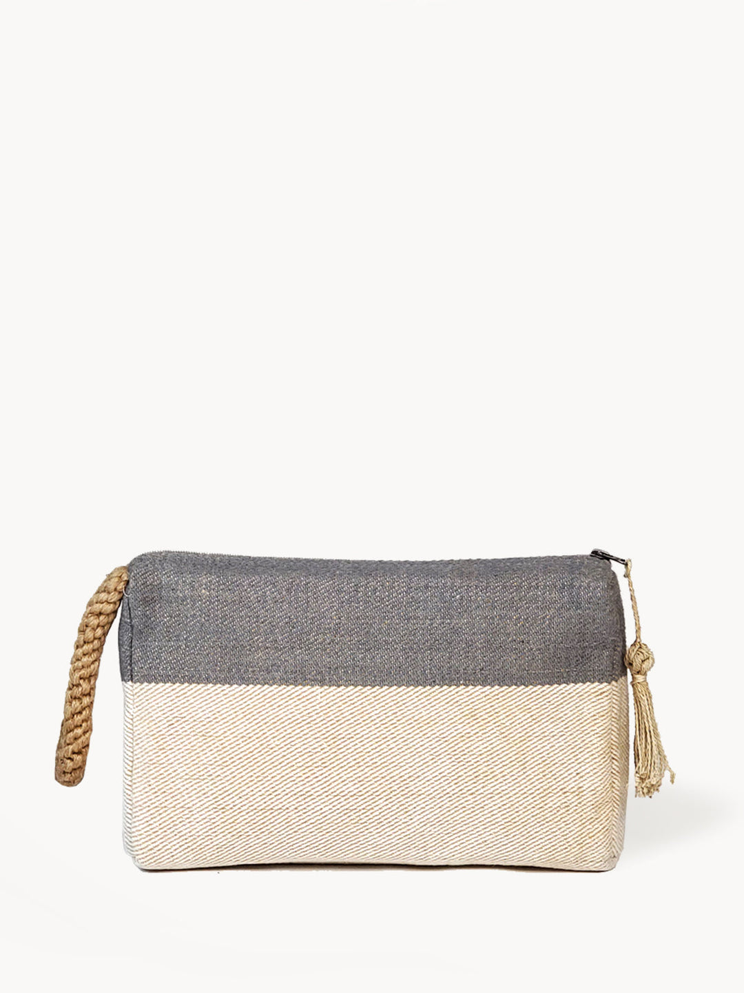 Color-block jute-cotton clutch in gray with oversize macrame accent handle